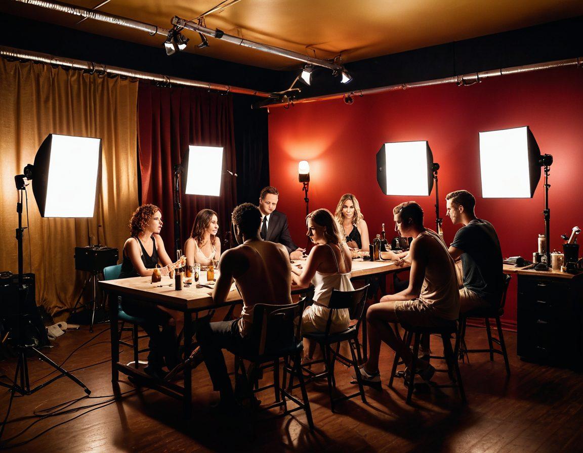 A dimly lit backstage scene featuring an adult film set, with a diverse group of performers in candid moments of preparation and camaraderie. Capture the contrast of bright studio lights illuminating the performers' expressions as they share stories, laugh, and unwind. Include props like cameras and scripts scattered around, symbolizing the hard work behind the glamour. Focus on a warm color palette that evokes intimacy and authenticity. super-realistic. vibrant colors. 3D.
