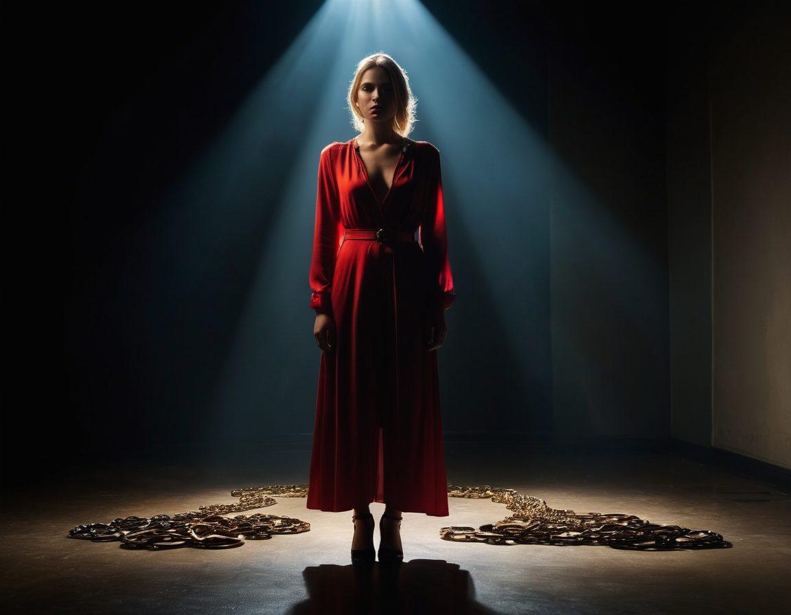 A dramatic scene showcasing a woman in a glamorous but isolated setting, with bright lights and shadowy figures representing fame's duality. Capture her emotion of triumph and vulnerability, surrounded by a blending of glitz and reality—distant silhouettes of fans and the harshness of the industry. Include symbolic elements like broken chains and golden handcuffs. cinematic style. vibrant colors. moody lighting.