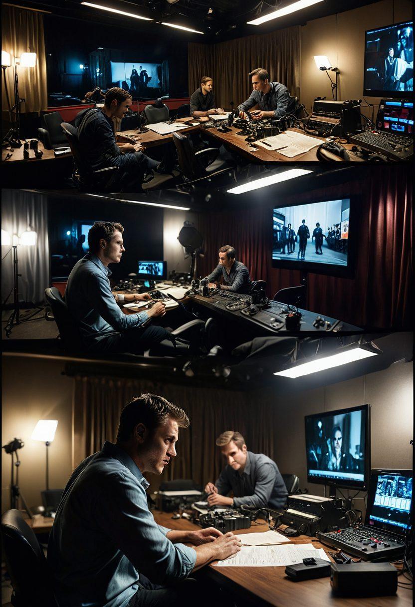 A split scene depicting an adult film set with an actor rehearsing a script on one side, and the same actor watching the final edit of the film on a large screen on the other side. Include elements like lights, cameras, and film reels to represent the production process. Subtle hints of the actor's journey and struggles can be shown in expressions or props. The overall tone should be inspiring yet realistic, showcasing the craft behind explicit content. super-realistic. vibrant colors. cinematic lighting.